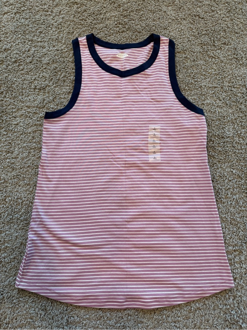 NWT Old Navy Womens Slim Fit Tank, Pink/White Striped, Navy Trim, Sz Large Tall